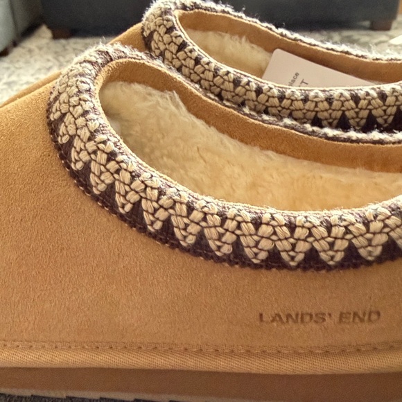 Lands' End Tan Suede Slippers with Patterned Trim - Picture 8 of 9
